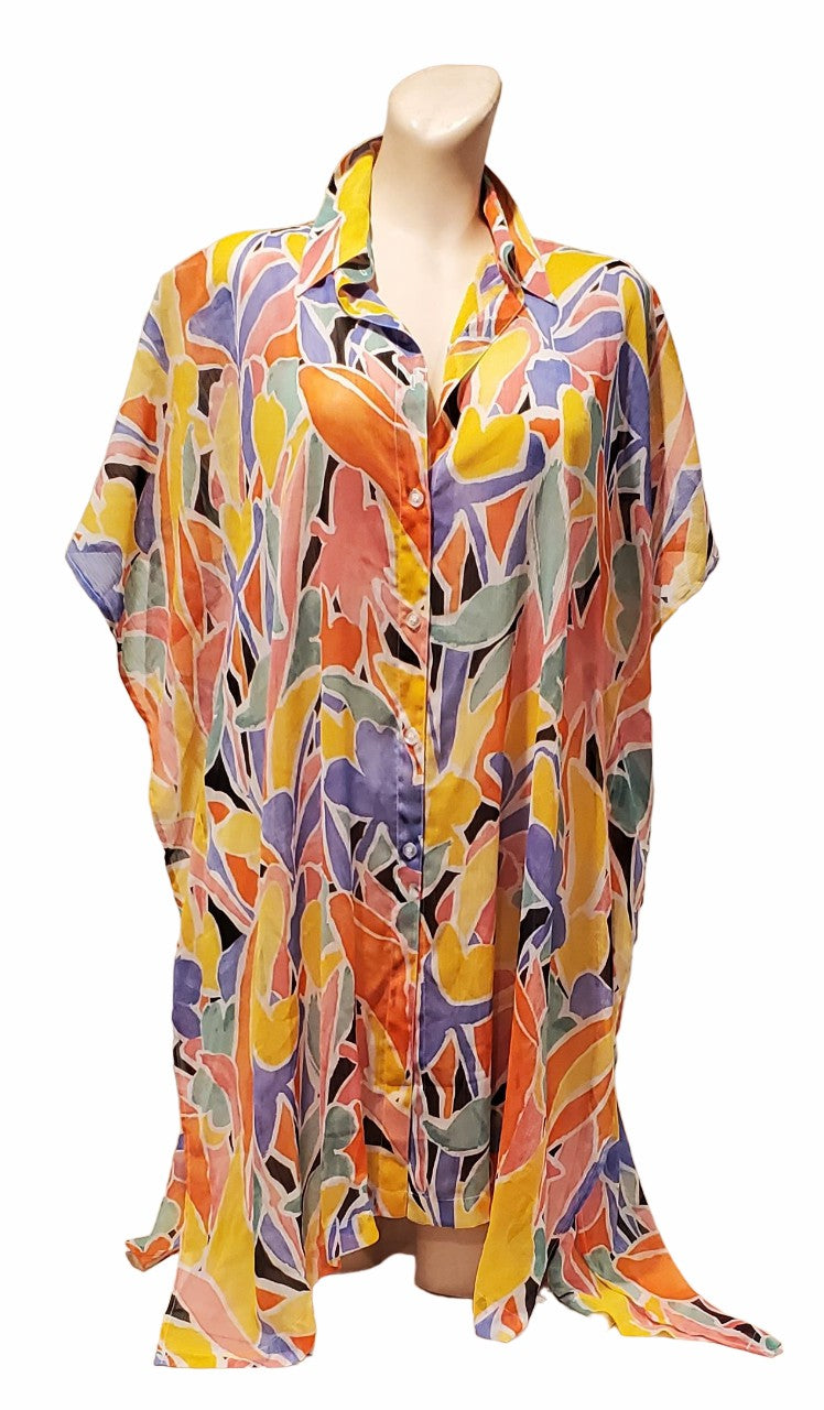 Beyond Control Button Up Chiffon Cover-Up with Design