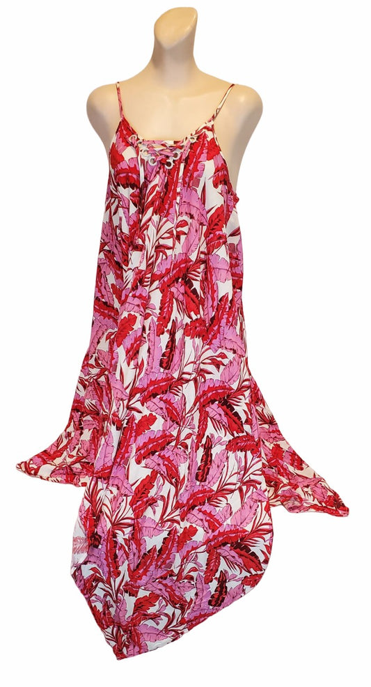 Jessica Simpson Red Tropical Plants Lace-Up Cover-Up Dress