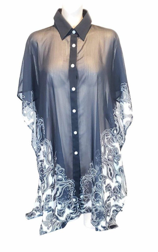 Beyond Control Button Up Chiffon Cover-Up with Design